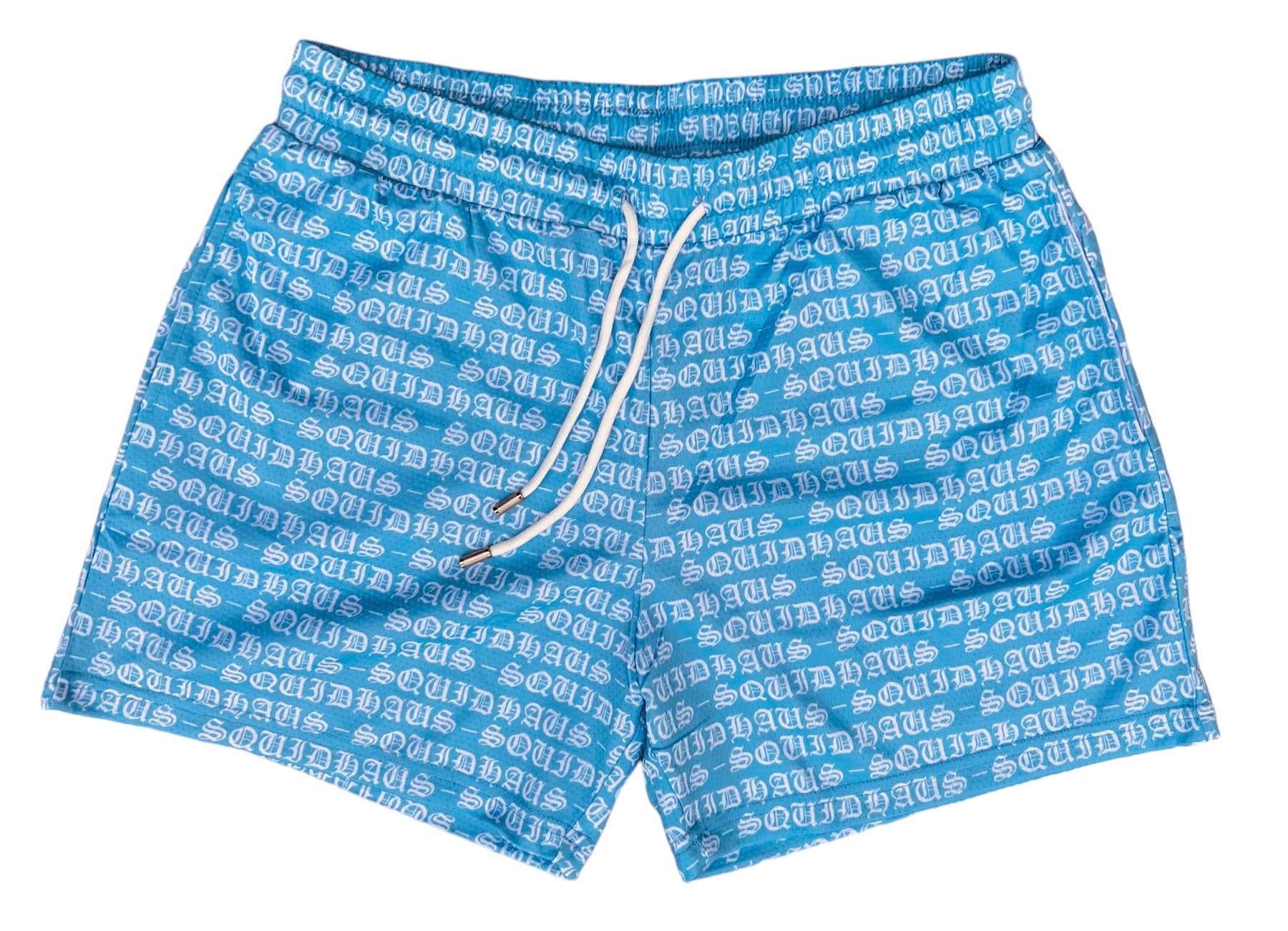 Front view of the men's 4" inseam mesh shorts in UNC Blue, from SquidHaus