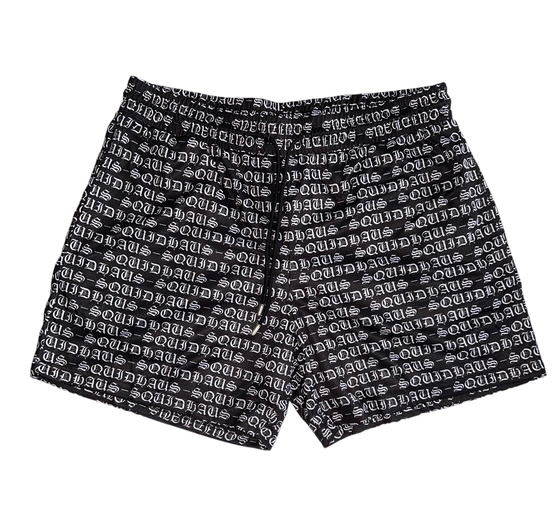 Front view of the men's 4" inseam mesh shorts in black, from SquidHaus