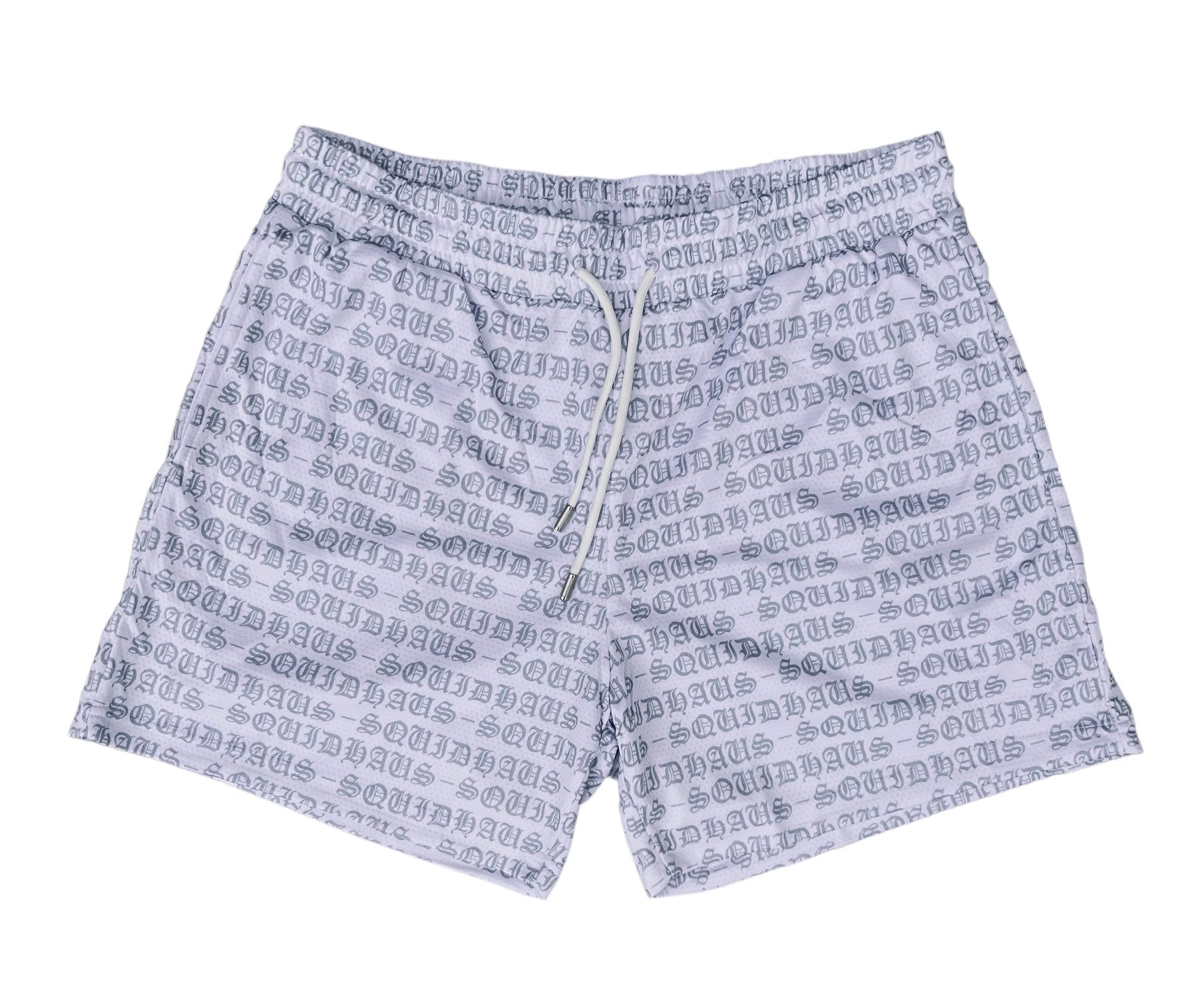 Front view of the men's 4" inseam mesh shorts in white, from SquidHaus