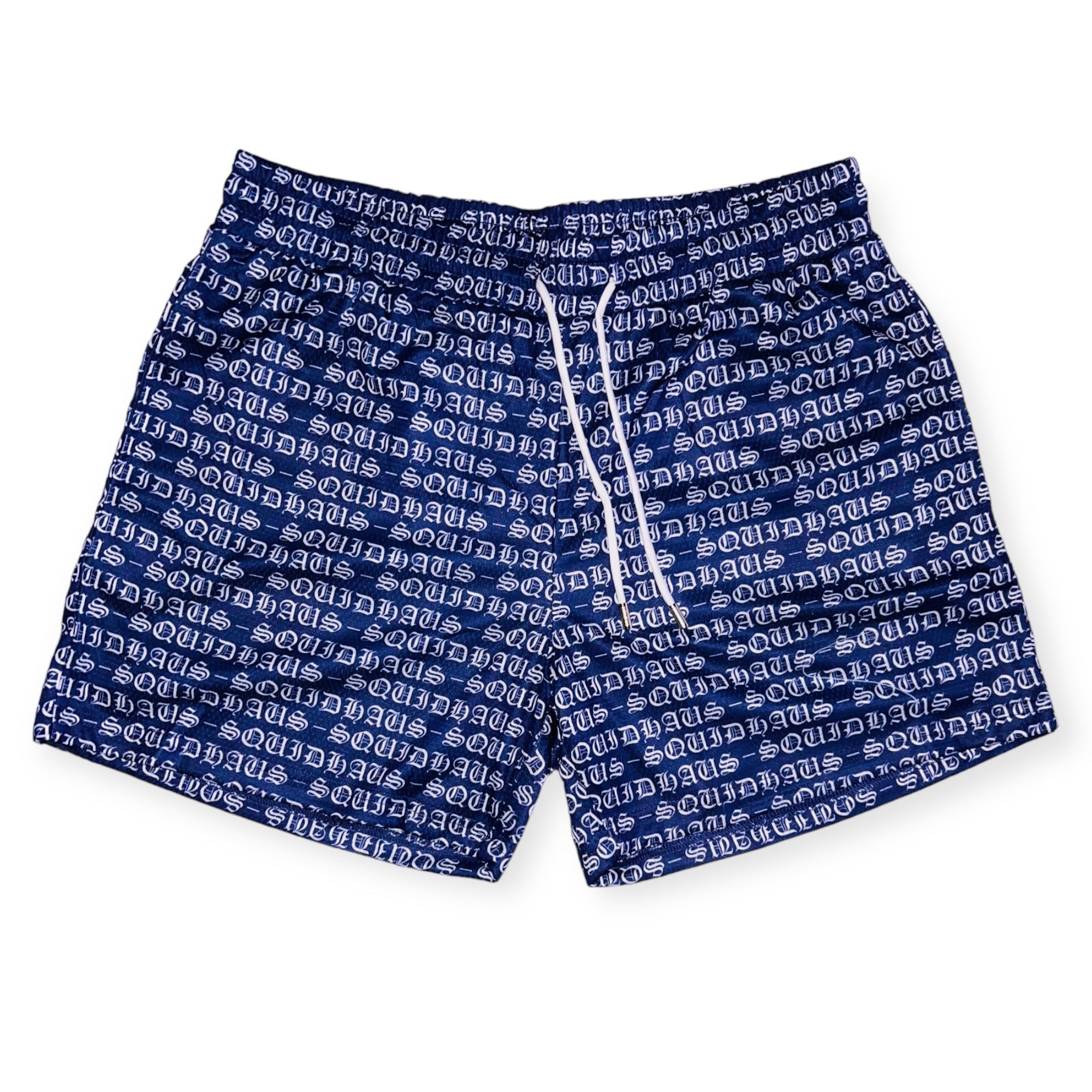 Front view of the men's 4" inseam mesh shorts in navy blue, from SquidHaus