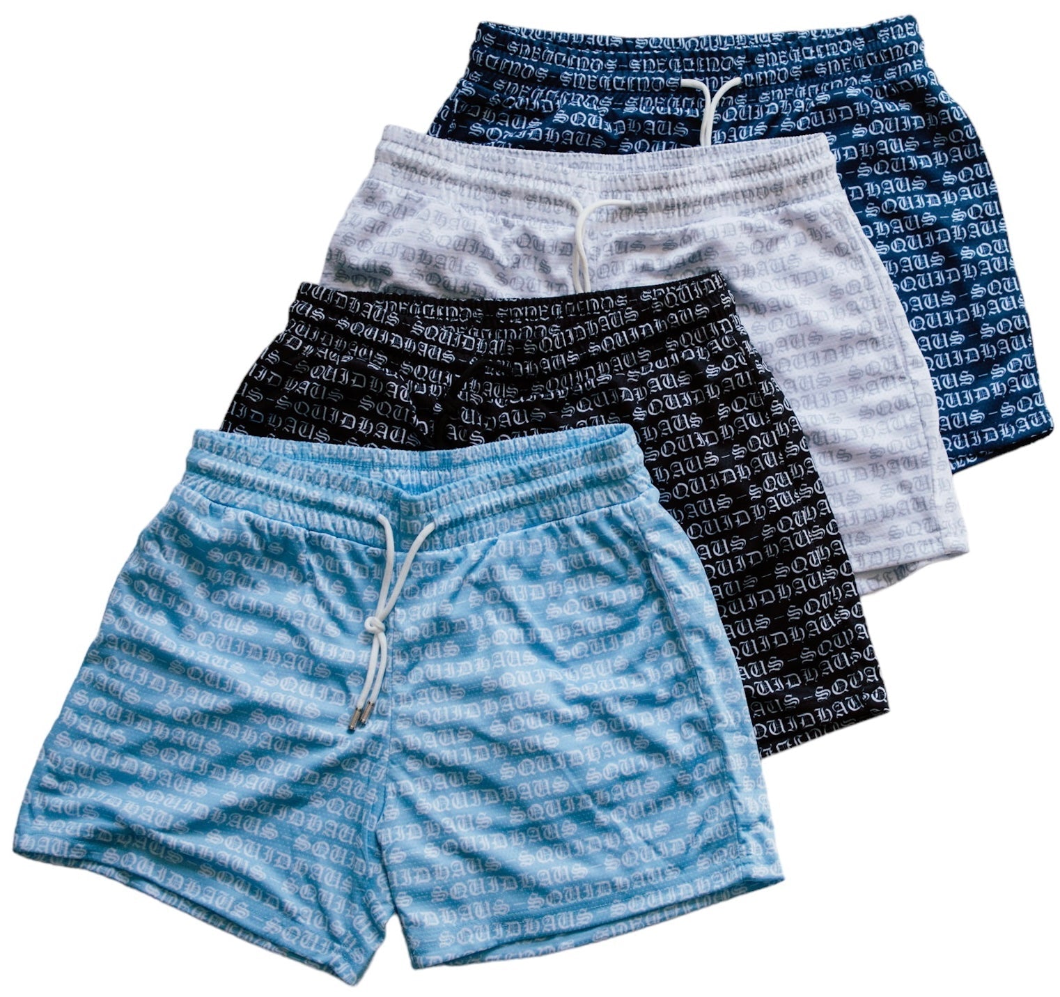 4 pack of 4" inseam mesh shorts in various colors, including UNC Blue, Navy Blue, Black and White