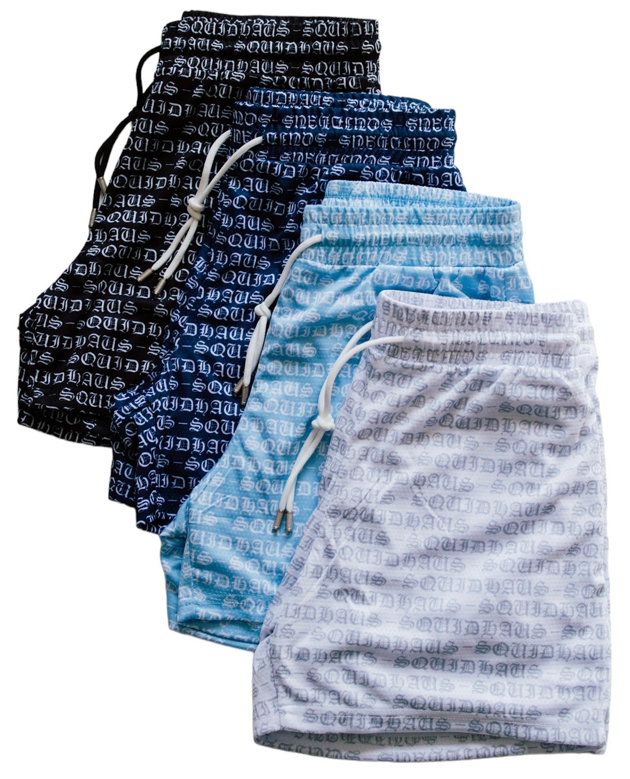 a 4 pack of 4" inseam mesh shorts in various colors, including UNC Blue, Navy Blue, Black and White