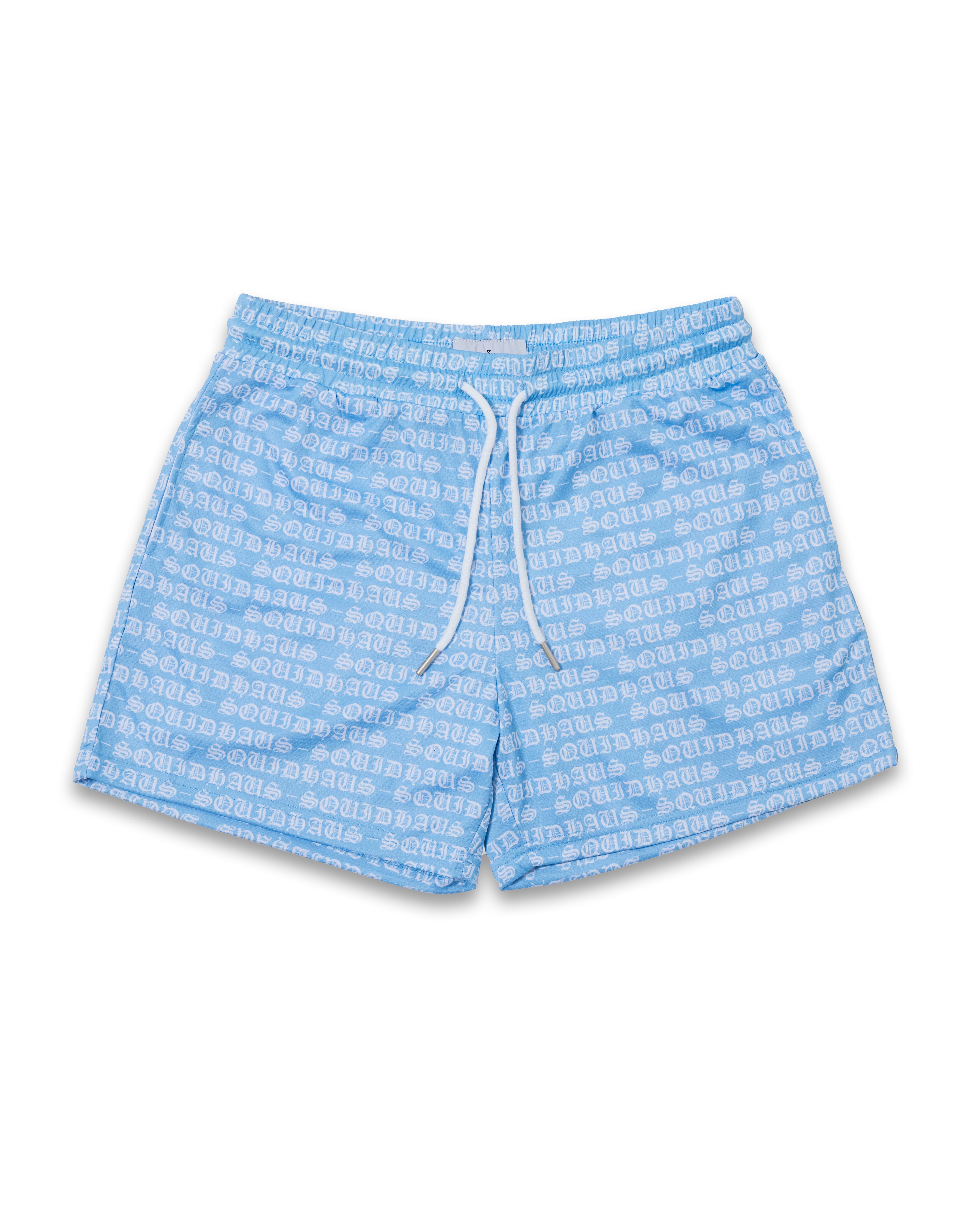 Front view of the men's 4 inch inseam mesh shorts in UNC Blue, by SquidHaus