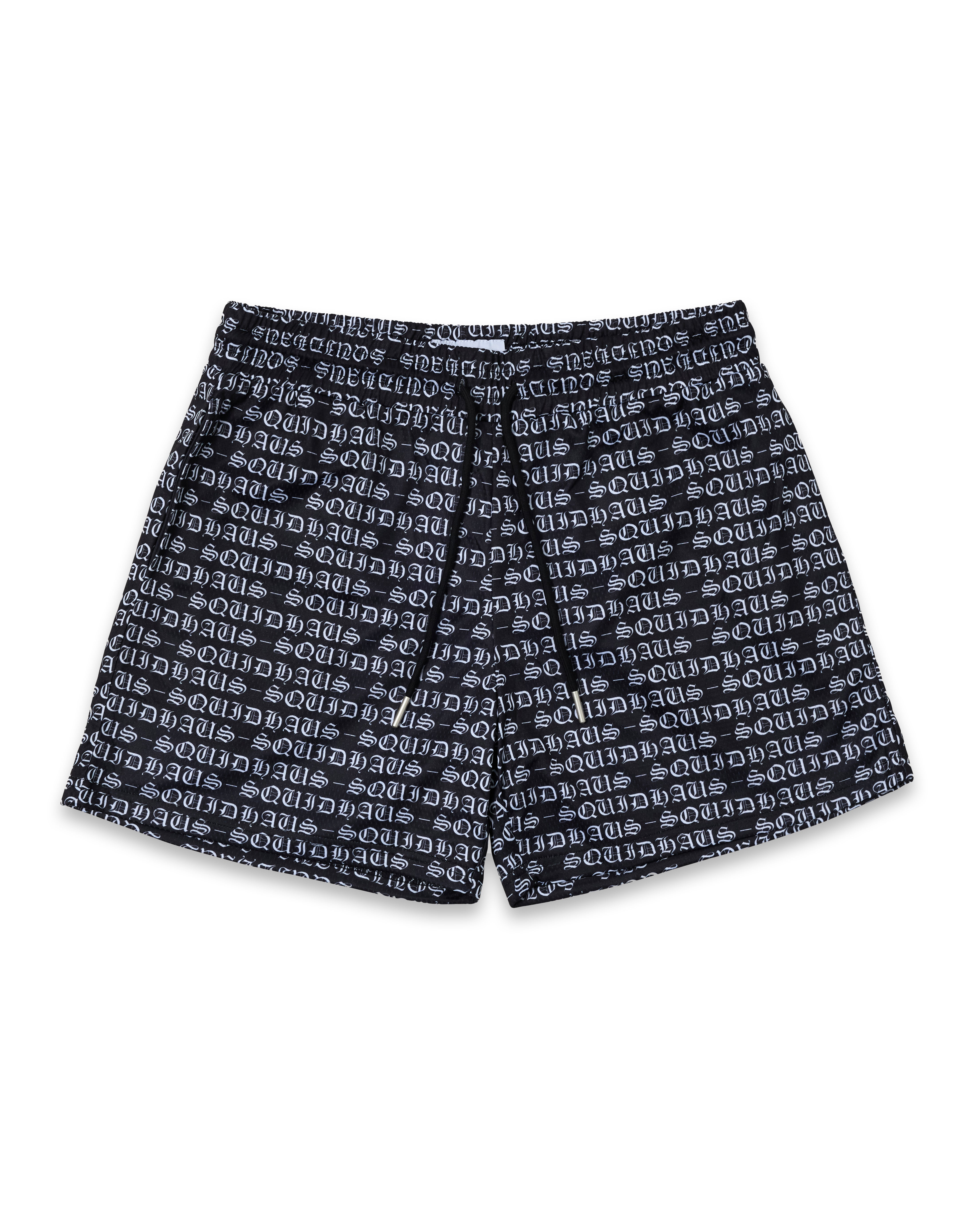 Front view of the men's 4 inch inseam mesh shorts in black, by SquidHaus