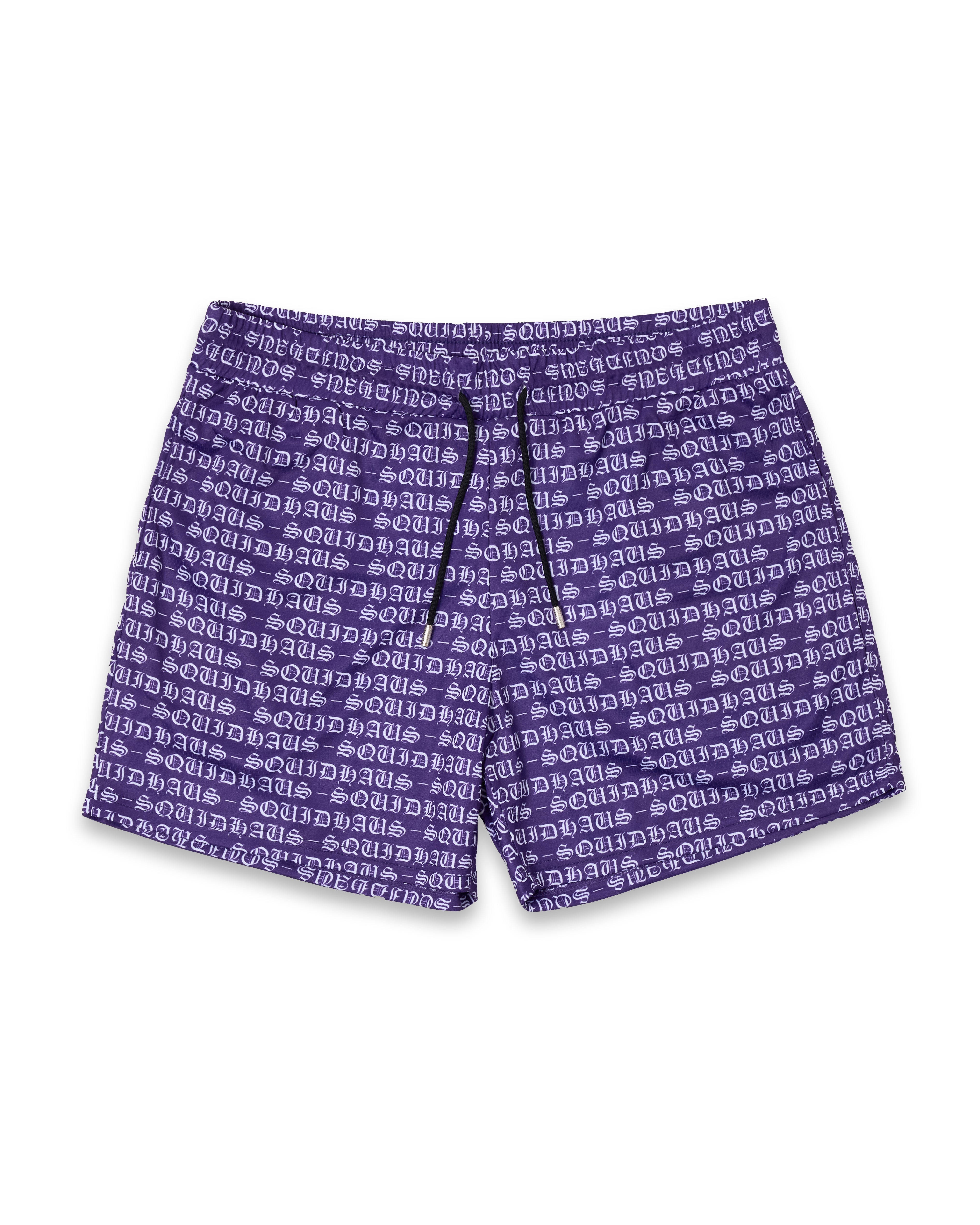 Front view of the men's 4 inch inseam mesh shorts in purple, by SquidHaus