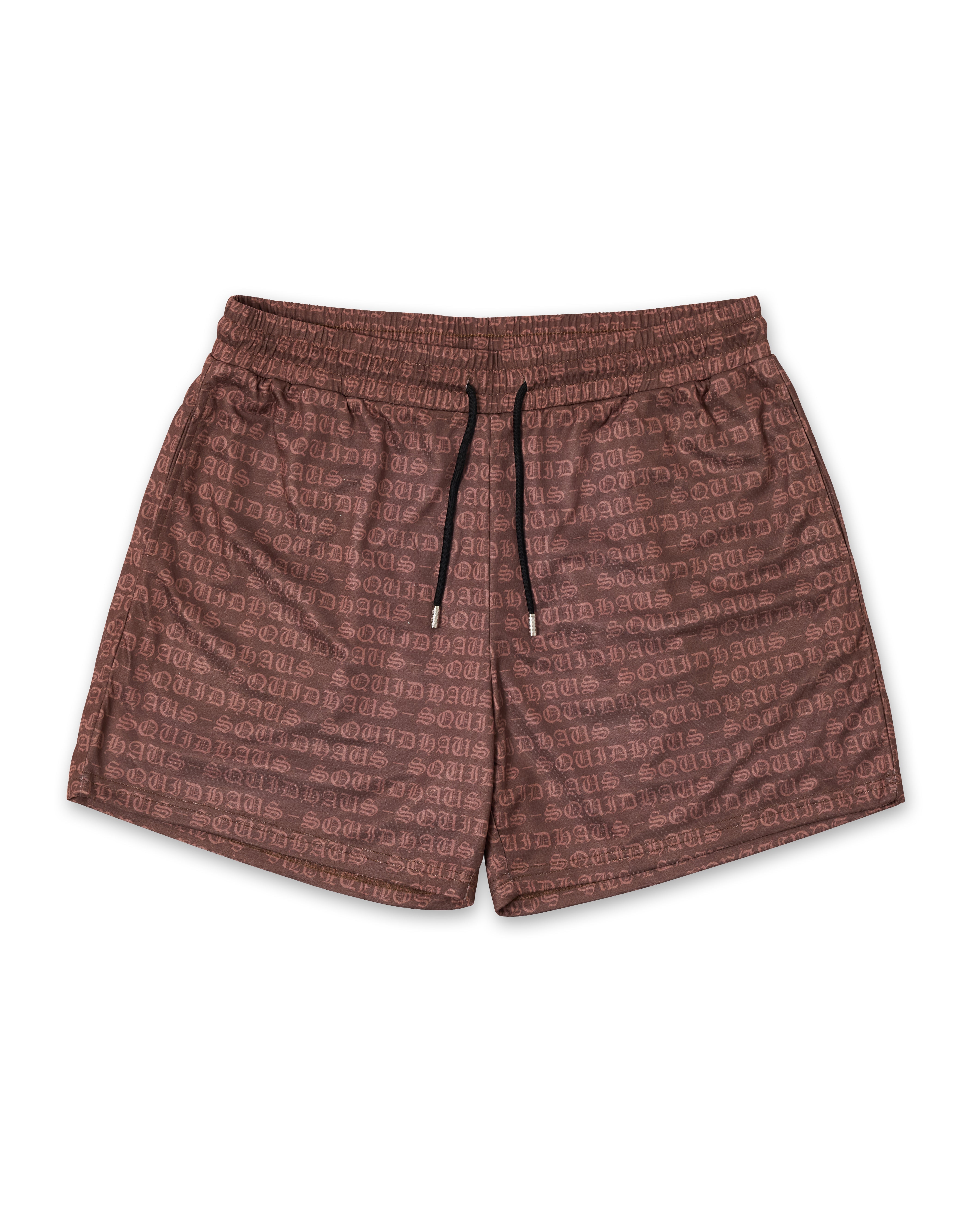 Front view of the men's 4 inch inseam mesh shorts in brown, by SquidHaud