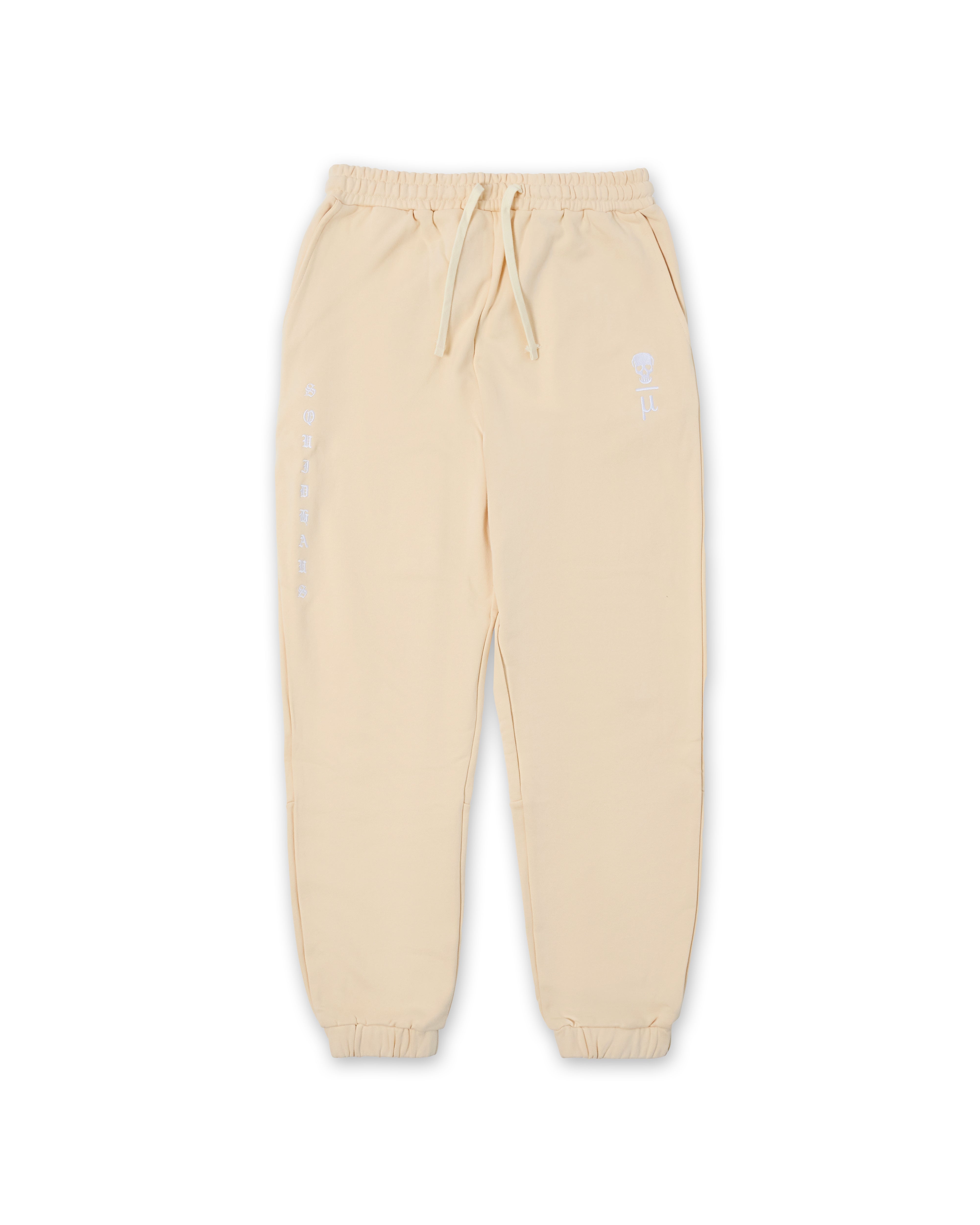 Front view of SquidHaus' Death Over Average sweats in a cream color