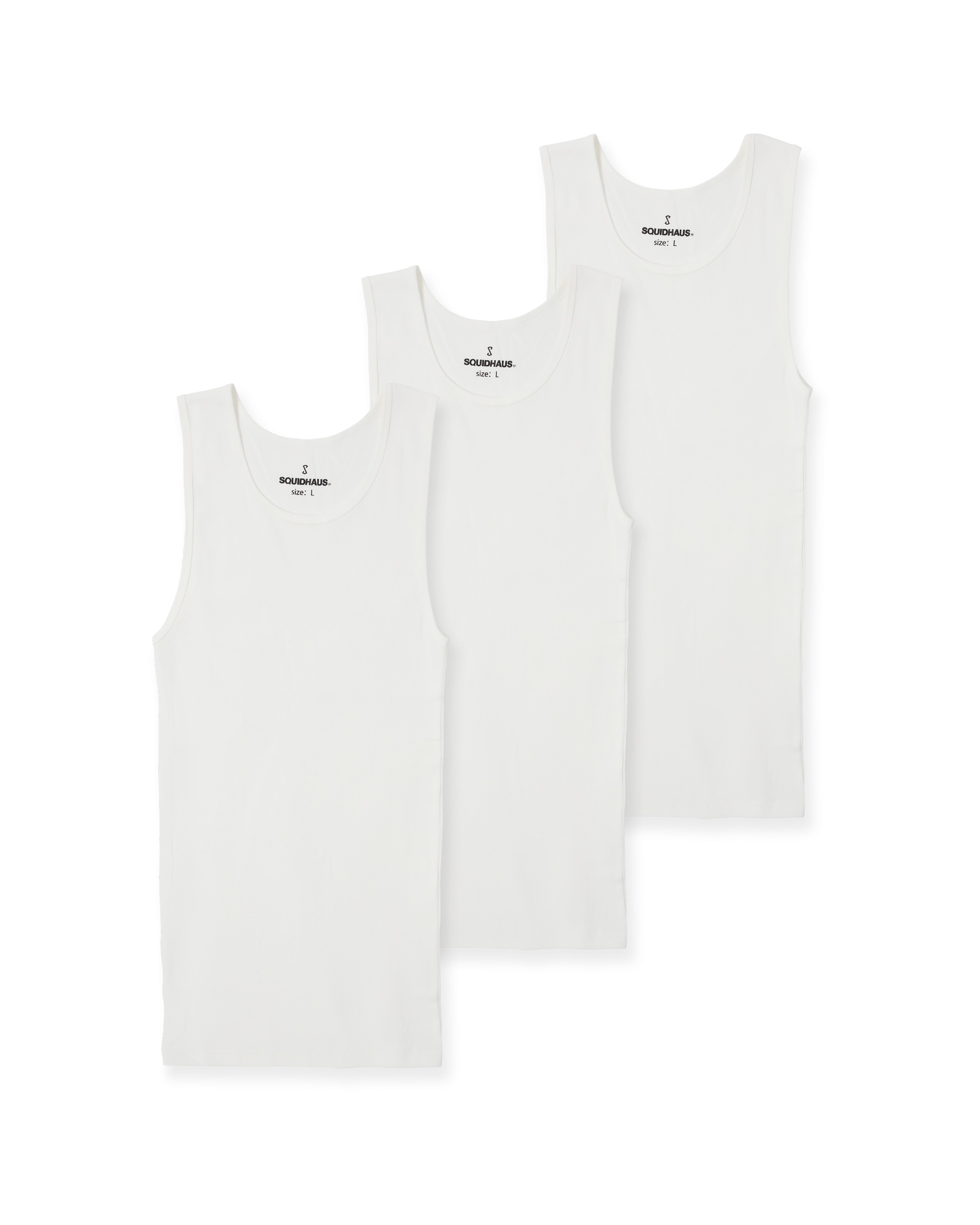 A 3 pack of men's athletic fitted tank tops in white, from SquidHaus