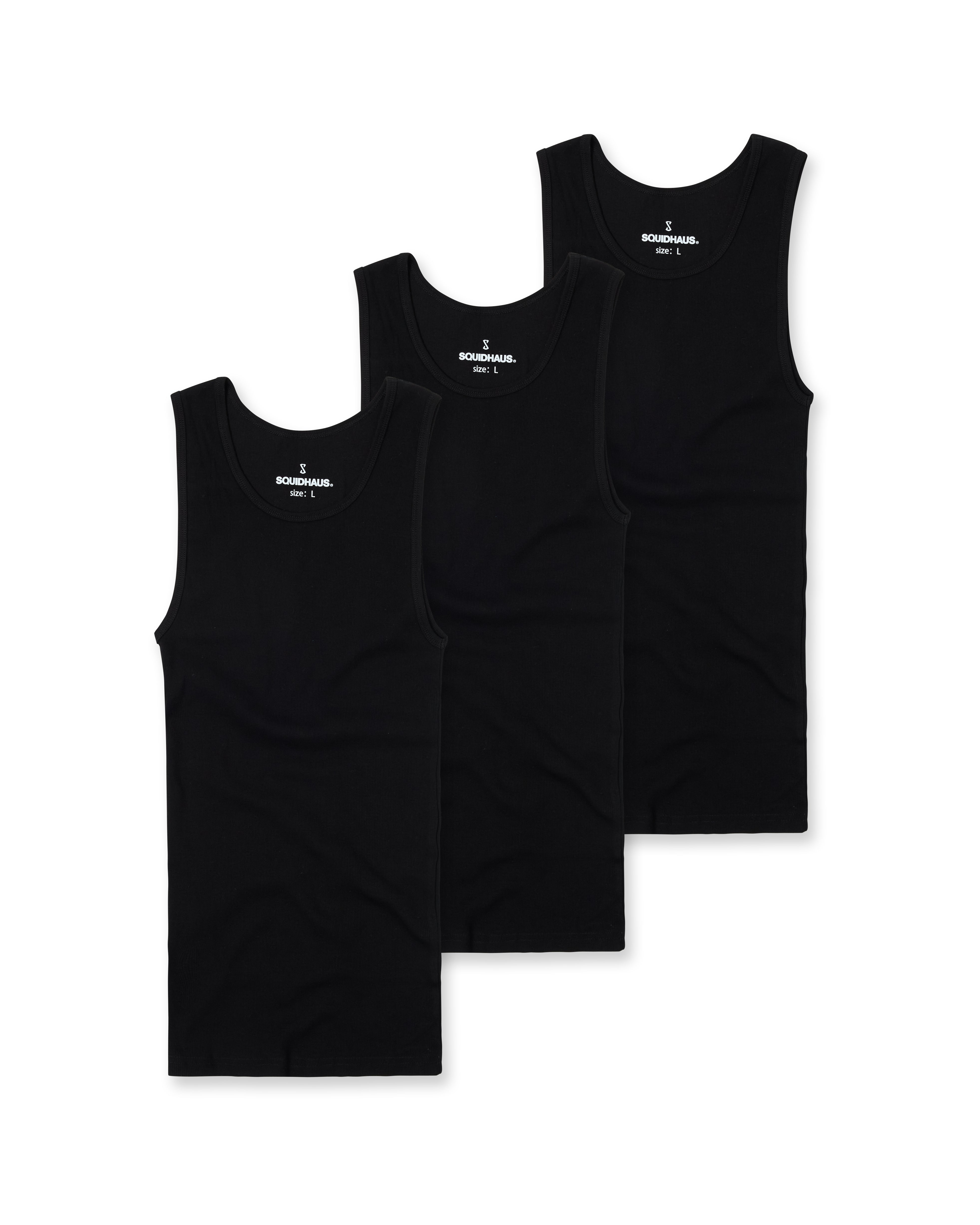 3 pack of men's premium fitted tank tops in black, by SquidHaus