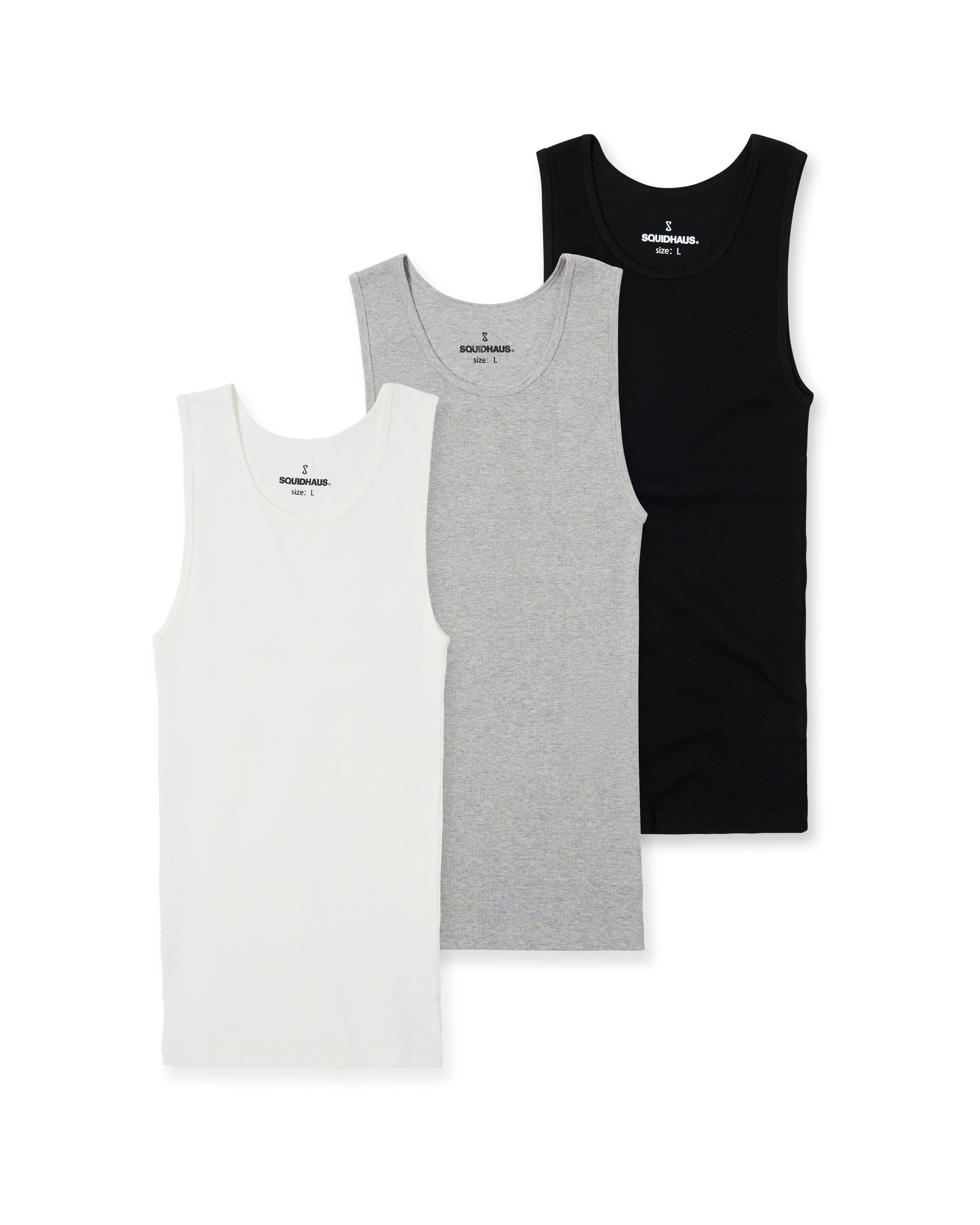 3 pack of men's premium fitted tank tops in different colors, including white, gray and black