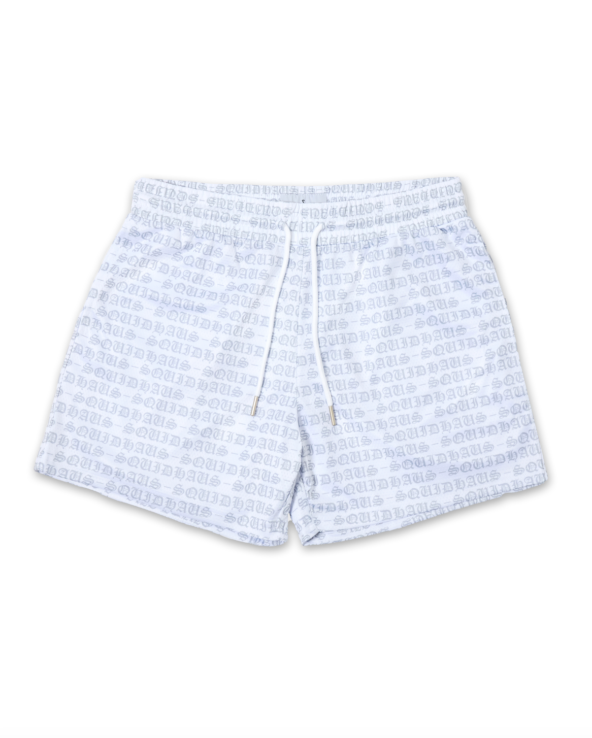 Front view of the men's 4 inch inseam mesh shorts in white, by SquidHaus