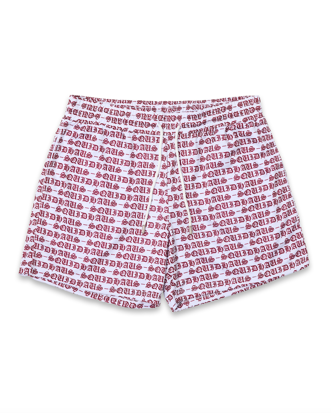 A front view of a pair of men's 4" inseam mesh shorts in white with red lettering, from SquidHaus